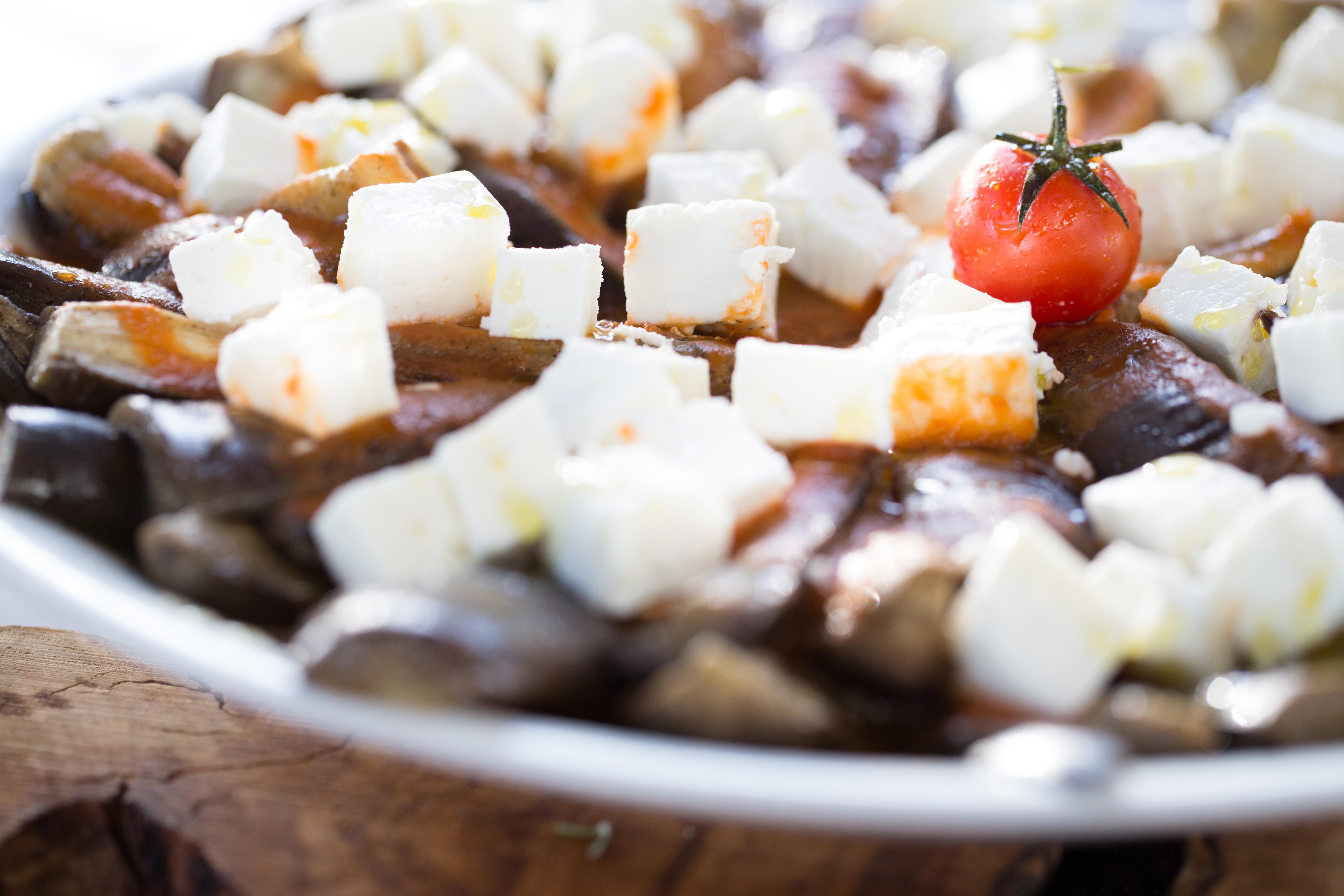 Almyra Hotel Пафос Екстериор снимка Aubergine, feta cheese and tomato salad